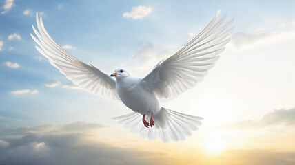 Obraz premium A free white dove flying in the sky.