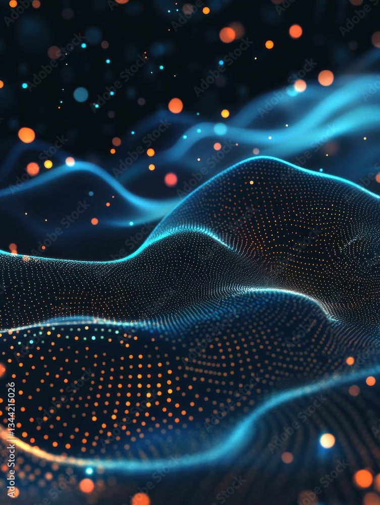 Poster abstract technology web background with flowing neural-like patterns and glowing dots, representing 