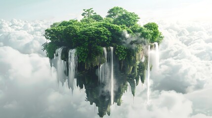 A floating island covered in lush green vegetation, surrounded by waterfalls flowing into the clouds