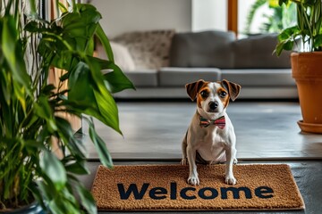 small dog wearing a bow tie sits on a welcome mat in a cozy home entrance with plants