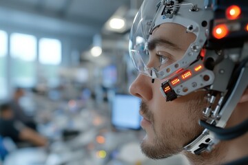 Fototapeta premium A close-up view of a human-like face with technological enhancements showcasing the integration of human characteristics with mechanical elements for future evolution.