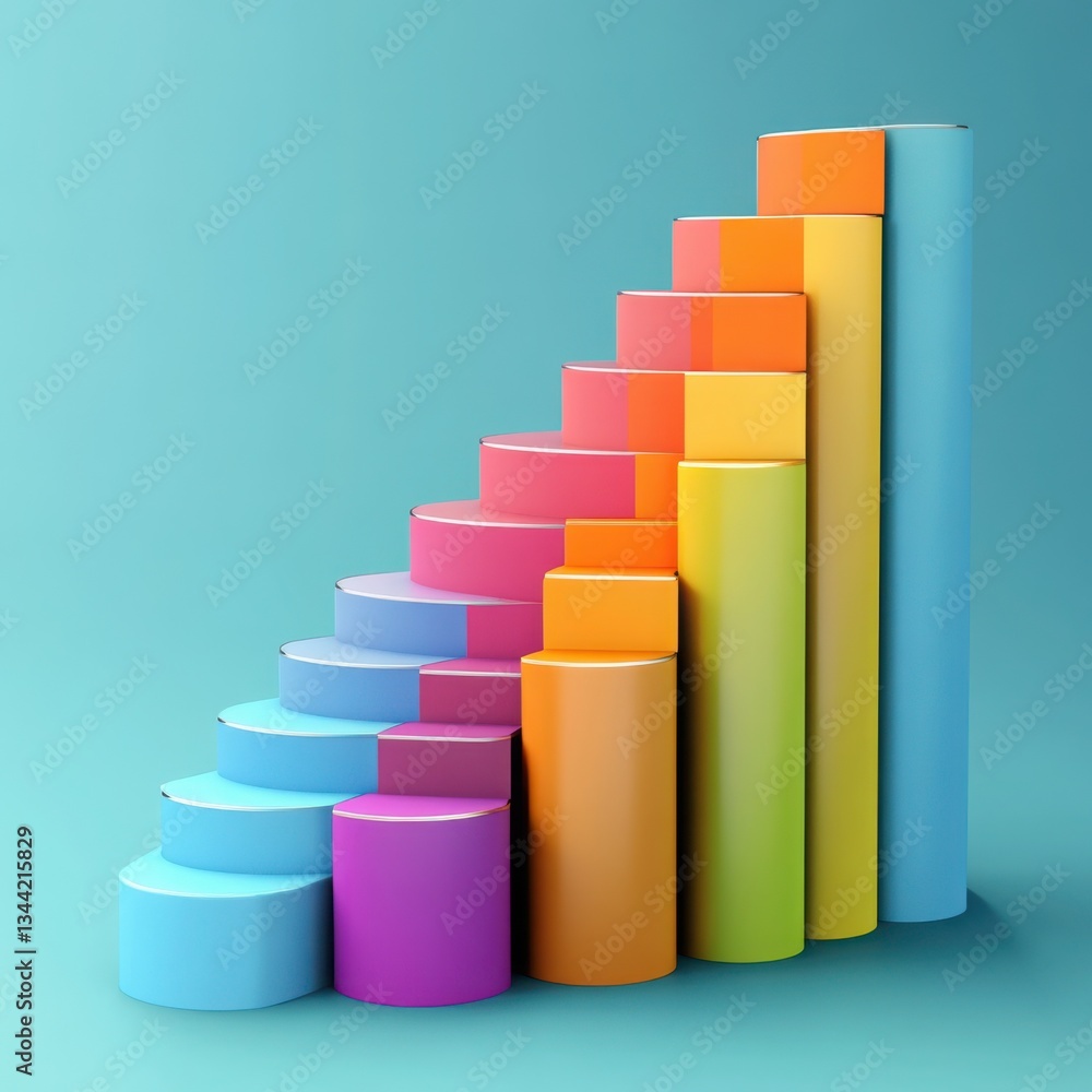 Poster colorful ascending cylinders abstract 3d rendering staircase chart graphic design