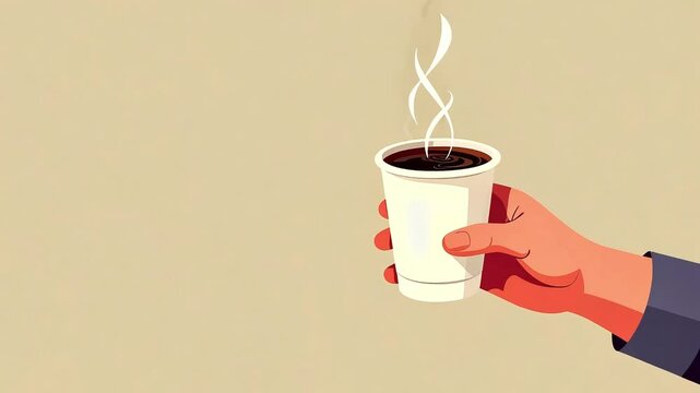 Paper cup of hot coffee drink in hand. Coffee to go concept, vector cartoon style. Banner or background, design template