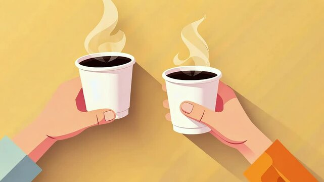 Two paper cups of hot coffee drink in two hands. Coffee to go concept, vector cartoon style. Banner or background, design template