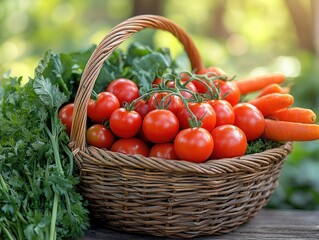 Wicker basket overflowing with ripe red tomatoes, carrots, and vibrant green herbs. Perfect for healthy eating, farm-fresh produce, or garden themes.