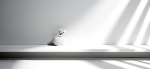 Minimalist interior with a white ceramic vase and delicate flowers placed on a sleek white shelf. The composition emphasizes simplicity, elegance, and modern interior design.