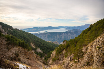 Panoramic view of Kotor Bay Boca and mountains from mountain view point in Montenegro in winter time