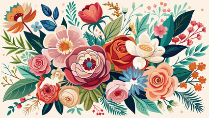 Beautiful romantic flower collection with roses, leaves, floral bouquets, flower compositions