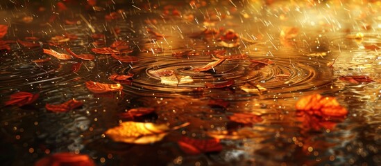 Autumn rain puddle, fallen leaves, swirling water