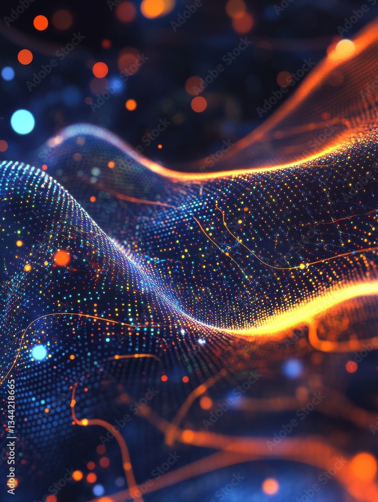 Poster abstract technology web background with flowing neural-like patterns and glowing dots, representing 