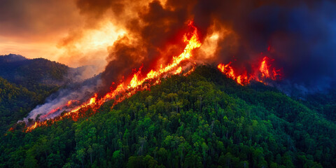 Fototapeta premium A fierce wildfire engulfs a lush mountain, illuminating the dark sky with flames and smoke, showcasing the destructive power of nature and the urgent need for environmental protection.
