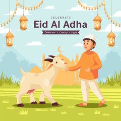 Man lovingly pets a goat, celebrating Eid alAdha. Perfect for Eid event promotions, cultural blogs, agriculture concepts, and holiday advertising