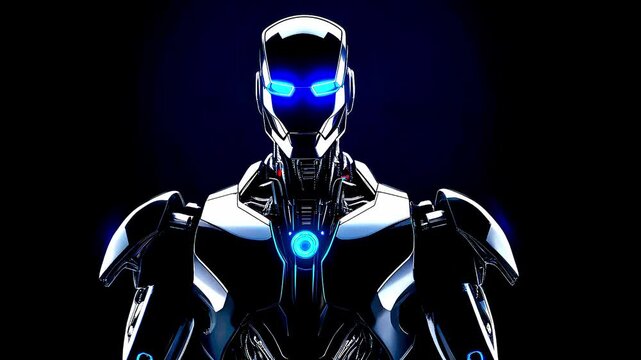 Futuristic modern robot with flashes of light on dark background, technology and innovation concept, data science and cybernetics