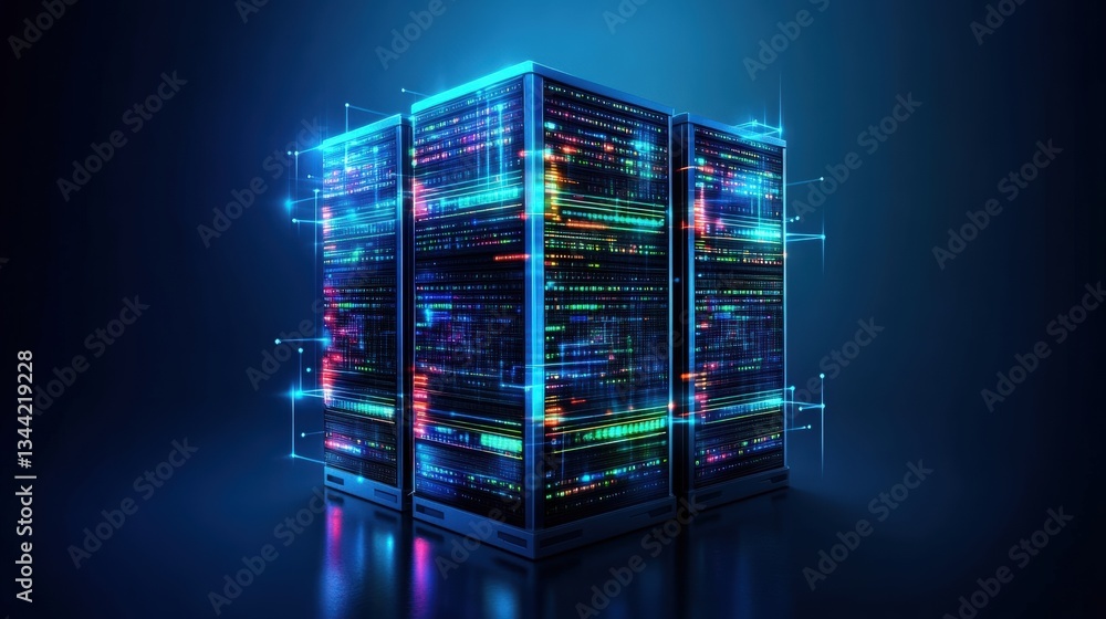 Poster stylized digital rende of three glowing server racks with colorful data streams on a dark blue backg