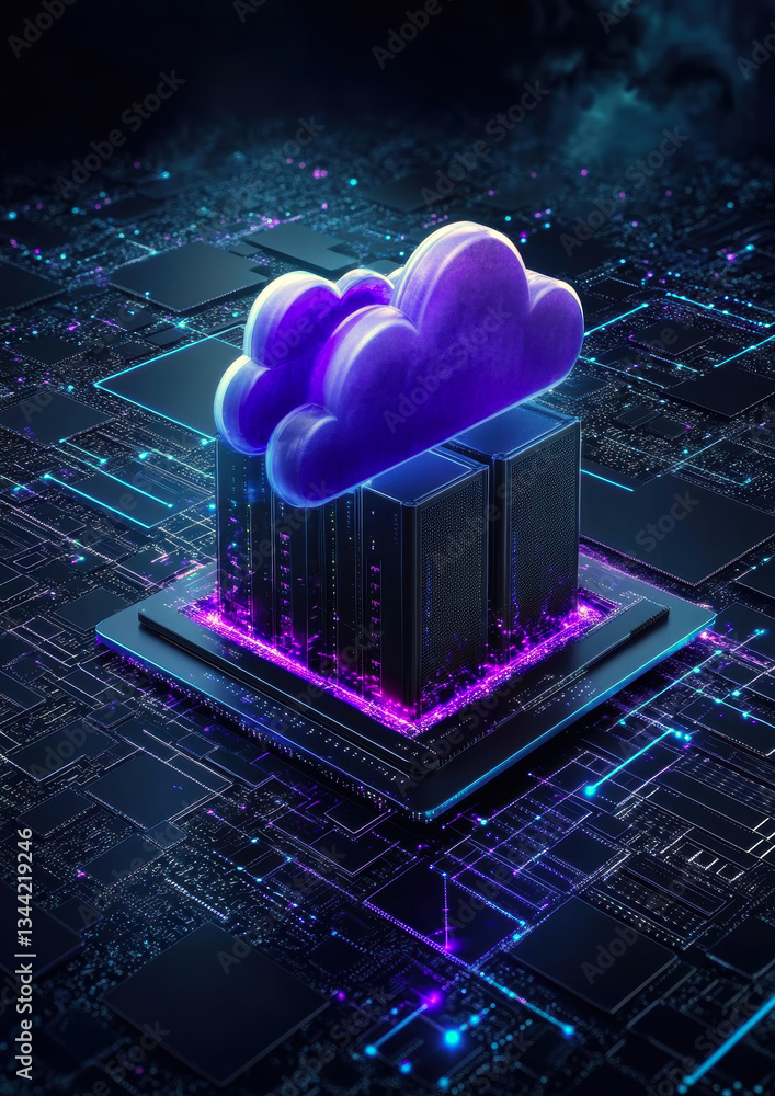 Poster a stunning representation of cloud computing, showcasing a luminous cloud symbol hovering above data