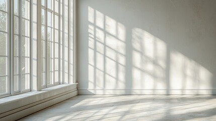 Sunlight streaming through large windows casts intricate shadows on a minimalist room