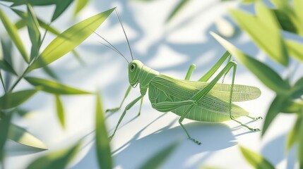 Realistic green grasshopper illustration on a white background. 