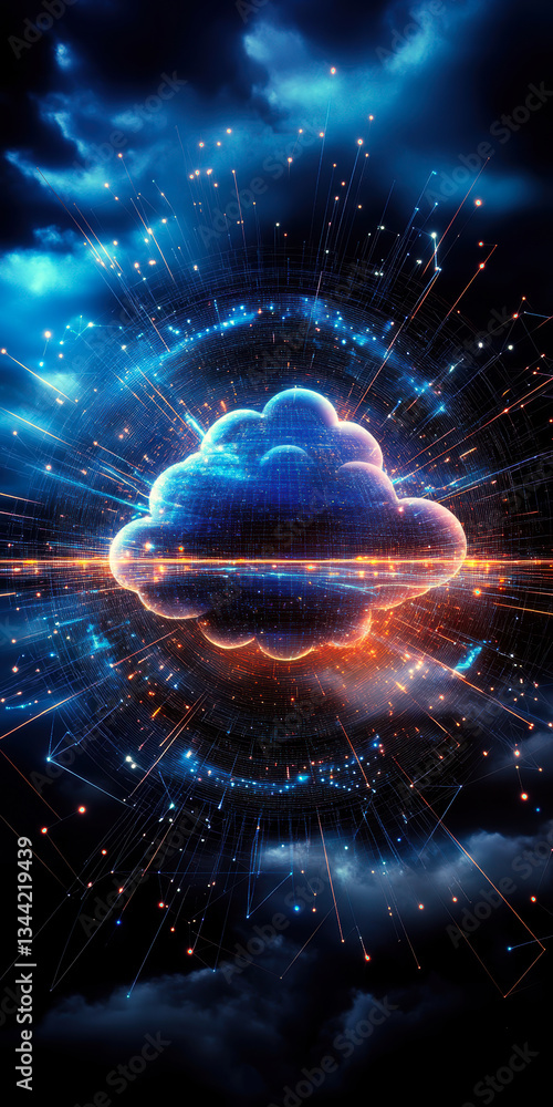 Aufkleber a mesmerizing digital representation of a cloud surrounded by luminous data streams and vibrant part