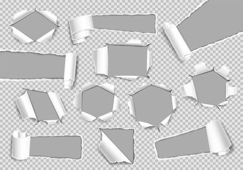 Vector realistic ripped torn hole in the sheet of paper. Template for design. Paper mockup.