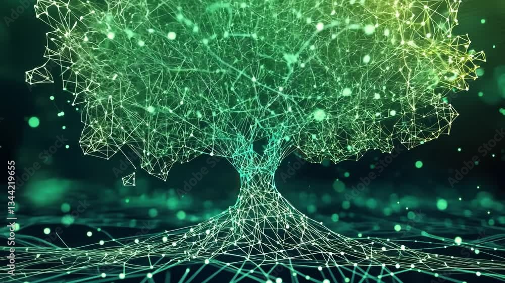 Poster abstract digital tree made of glowing particles and connected lines representing technology, nature,