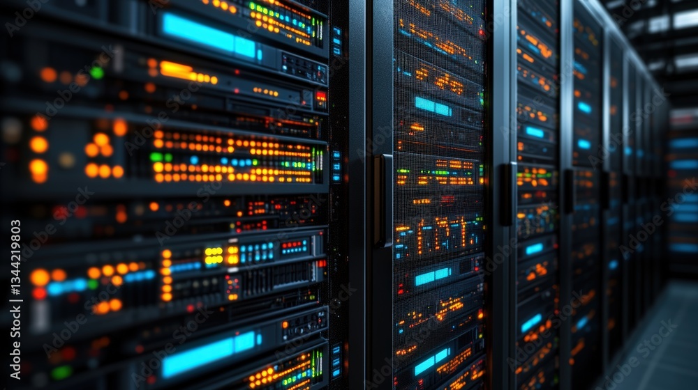 Poster a long row of dark server racks in a data center with illuminated colored indicator lights showcasin