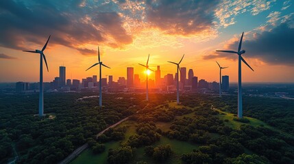 Wind turbines silhouette against a city sunset. Illustrates renewable energy & urban integration.