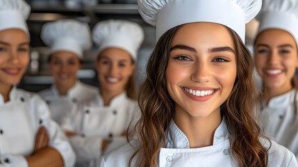 Smiling team of young professional chefs in a busy gourmet restaurant kitchen UHD 4K Image