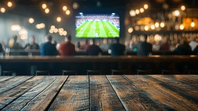 Cozy bar scene with wooden table, football game on screen, people watching sports, warm ambient lights creating inviting atmosphere in background