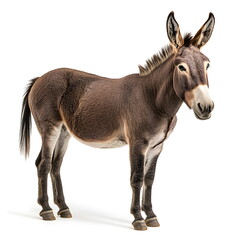 Obraz premium A lifelike portrait of a sturdy donkey standing in side view, isolated on a white background. Detailed grey and brown coat, large expressive ears, and gentle, intelligent eyes. High-resolution, sharp 