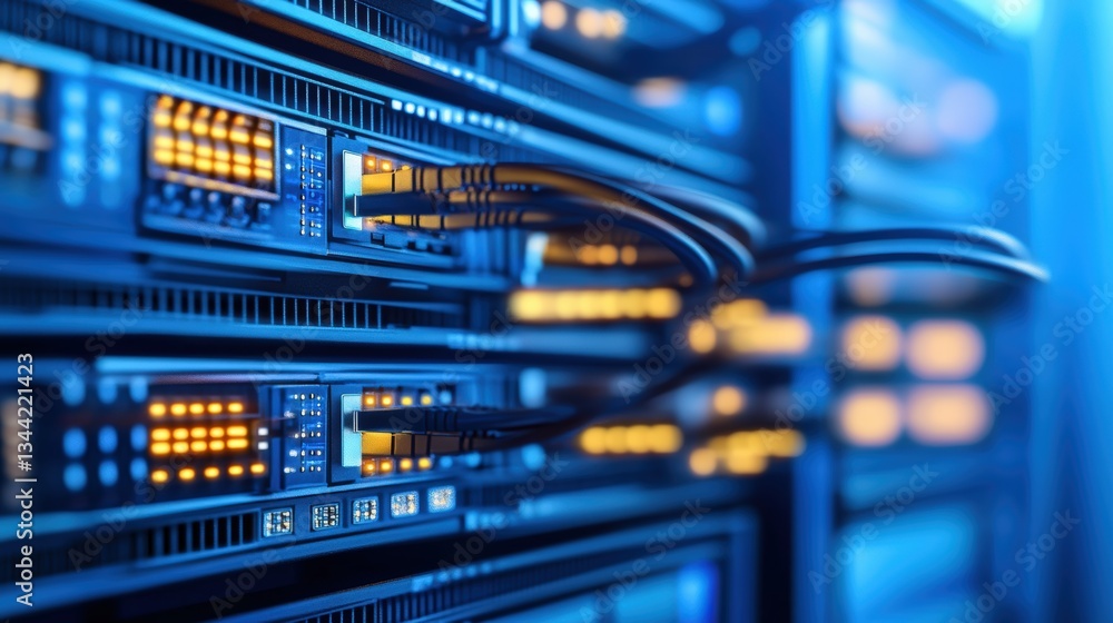 Poster close-up view of interconnected server racks in a data center showcasing illuminated fiber optic cab