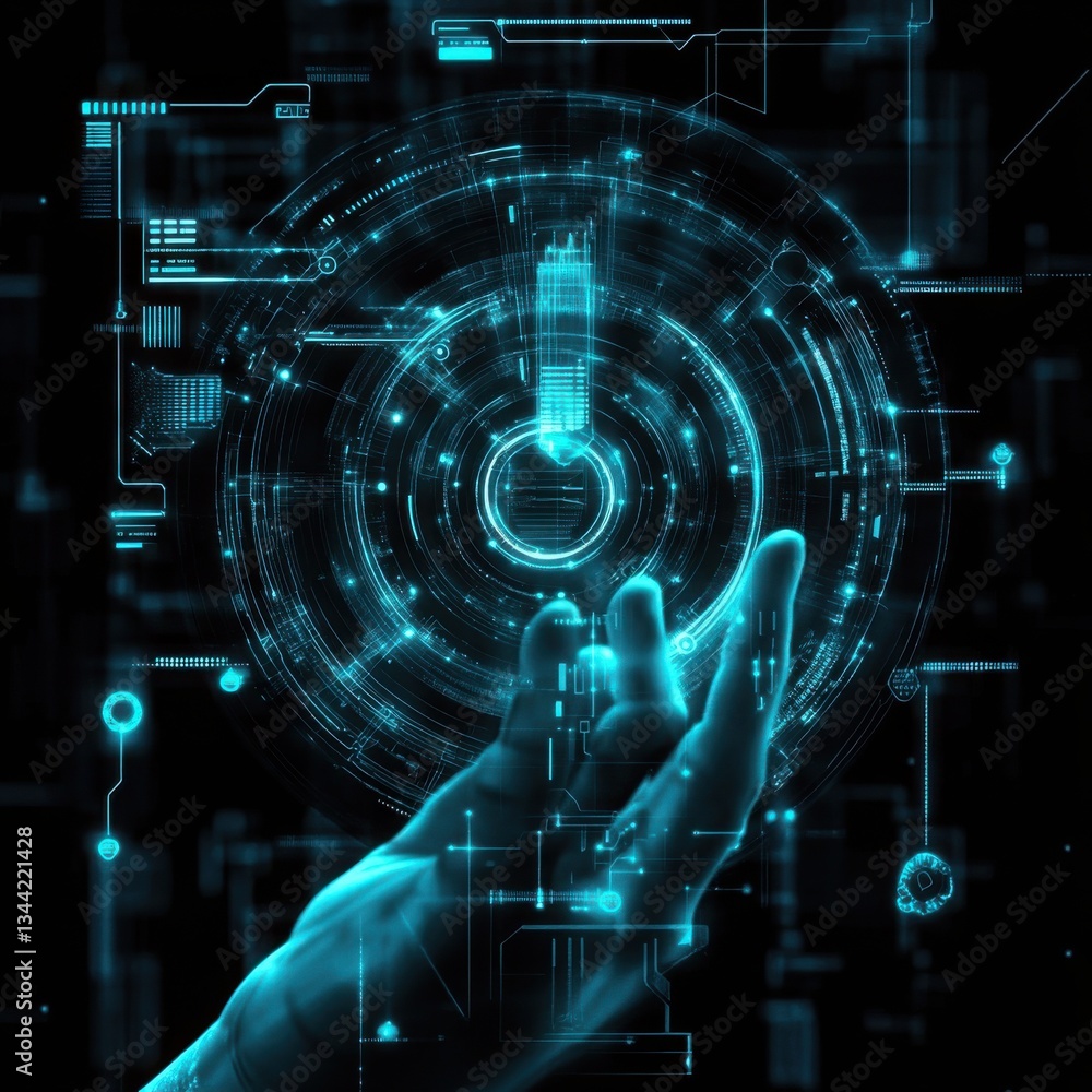 Poster futuristic hand interacting with a holographic circular interface of digital data and technology