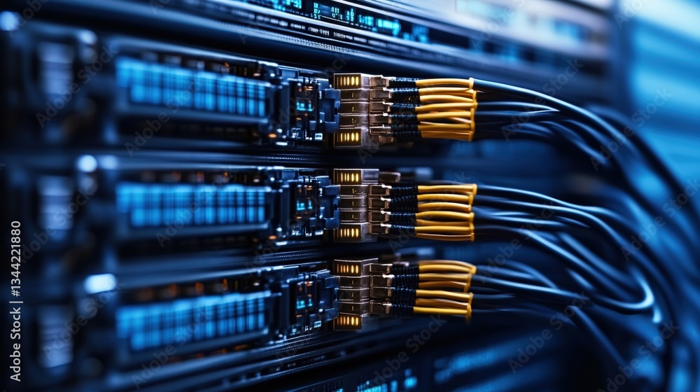 Poster close-up view of interconnected fiber optic cables and rear server units in a data center showcasing