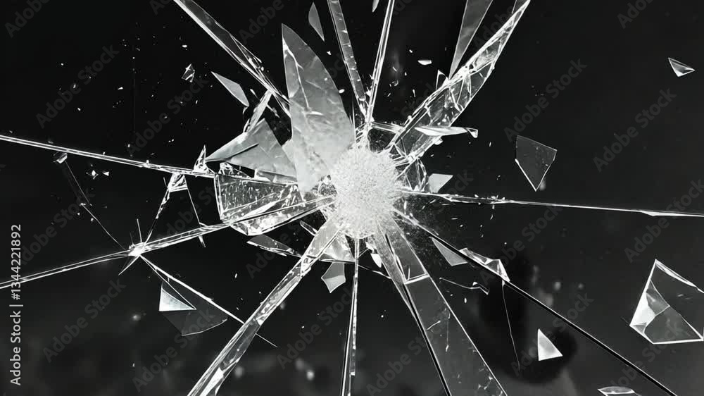 Poster close-up view of shattered glass with intricate spiderweb patterns and sharp edges on a dark backgro