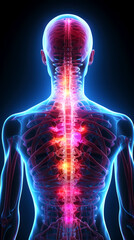 Digitally enhanced medical illustration of human back, highlighting spine cord and nervous system. ideal for medical, healthcare, and neurology-related concepts.