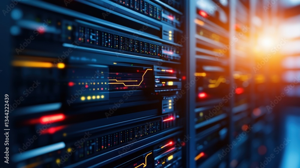 Poster close-up view of multi-row dark server racks in data center with glowing orange and red lights indic