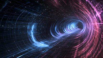 Fototapeta premium Abstract digital wormhole tunnel with blue and pink light. Concept of science, technology, and future.