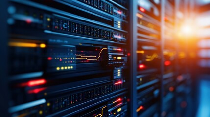 Naklejka premium Close-up View of Multi-Row Dark Server Racks in Data Center with Glowing Orange and Red Lights Indicating High Activity and Technological Complexity