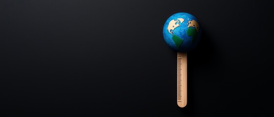 Miniature globe with a ruler, symbolizing measurements and global awareness on a dark background.