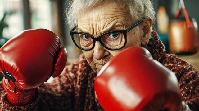 Senior woman in boxing gloves showcasing determination and strength in a gym, inspiring others with her fierce spirit and passion for fitness and health