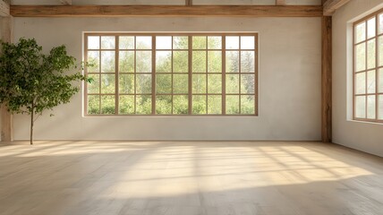 Fototapeta premium Bright Empty Room with Large Windows and Wooden Beams