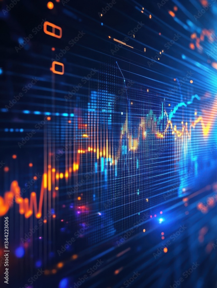 Poster dynamic financial chart with fluctuating graphs and glowing elements on a blue background