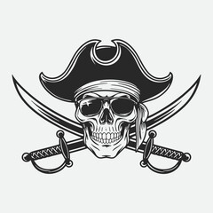 Pirate Skull wearing hat With Swords.