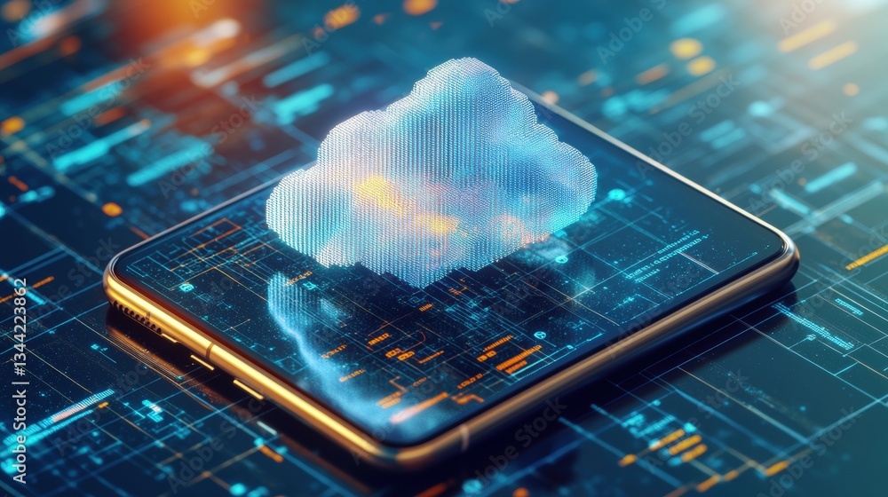 Poster stylized 3d cloud computing icon on smartphone with intricate circuit board patterns representing mo