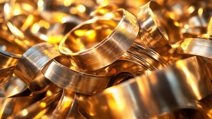Brass scrap metal twisted into loops and curves, reflecting warm golden light. Concept of metal recycling, raw materials, industrial processing, highlighting beauty of repurposed metals