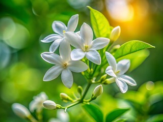 Minimalist White Jasmine Flowers & Green Leaves - Blurred Background Stock Photo