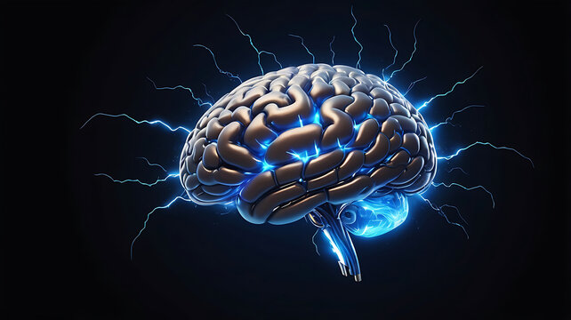 A human brain learning emitting electric sparks glowing on a dark background.
