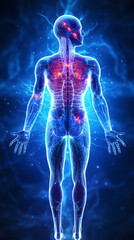 Digital illustration of human nervous system, showing glowing, semi-transparent body with highlighted neural pathways and energy points. Ideal for medical, scientific, and healthcare-related concepts