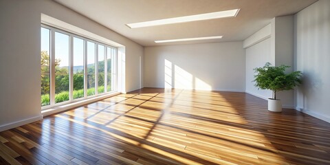 Obraz premium Minimalist White Room Interior: Sunlight Shadows on Wood Plank Floor - Architectural Photography