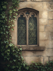 A beautifully carved window on a textured stone wall, with an ivy sprig draping over one corner. Subtle realism in minimalist vector art, featuring warm browns, grays, and muted greens.