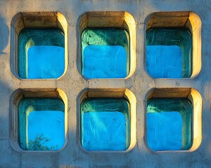 Abstract Architectural Photography: Six Square Windows Reflecting a Vibrant Blue Sky